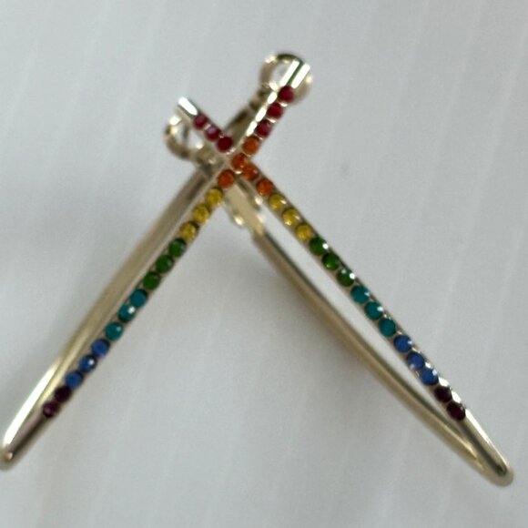 Rainbow Crystal Gold Hoop Earrings 2.5" Long Colorful Statement Jewelry For Wome - Picture 3 of 4